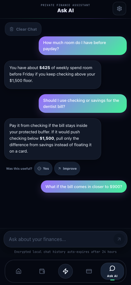 Catalyst Cash Ask AI chat running on iPhone
