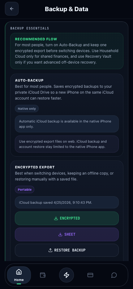 Catalyst Cash Backup and Data privacy controls running on iPhone