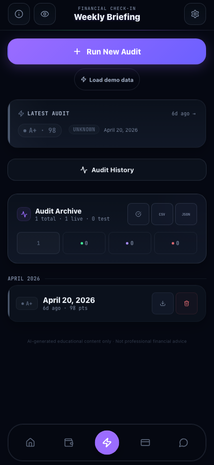 Catalyst Cash Weekly Briefing screen running on iPhone