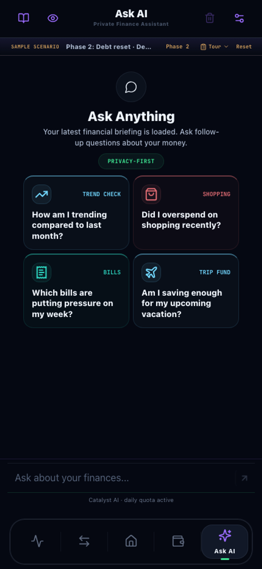 Ask AI screen with suggested questions about spending trends, recent shopping, upcoming bills, and vacation savings