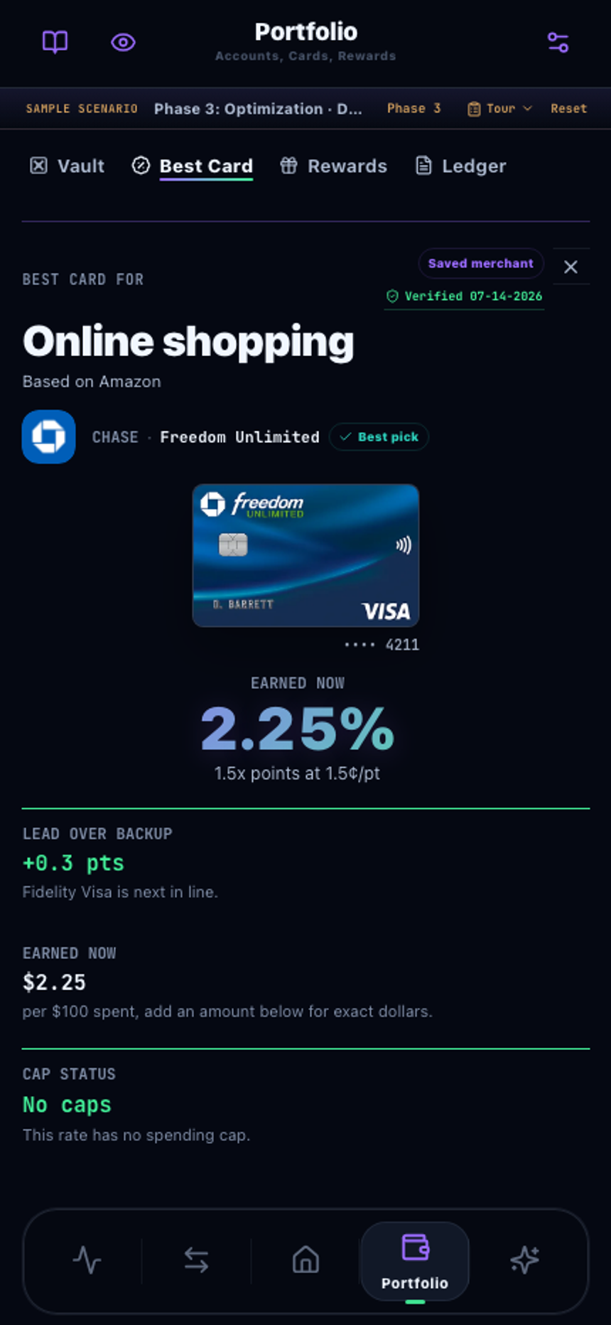 Best card screen ranking Chase Freedom Unlimited as the top pick for Amazon at 2.25 percent expected value