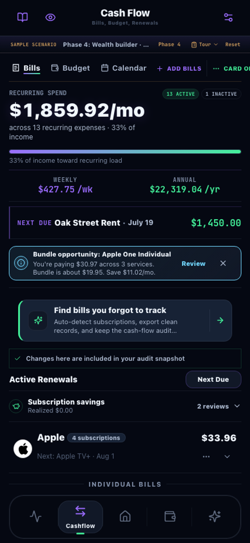 Cash Flow bills screen showing recurring spend per month, next due bill, and active renewals with merchant logos